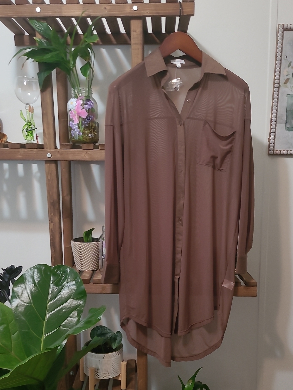 Long Sheer Rich Brown Button Down Tunic/Swimsuit Cover